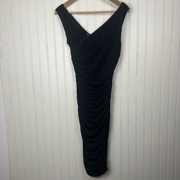 Express Black Knee Length Dress With Ruching, V-Neck,‎ Side Zipper, Stretch - Picture 10 of 10